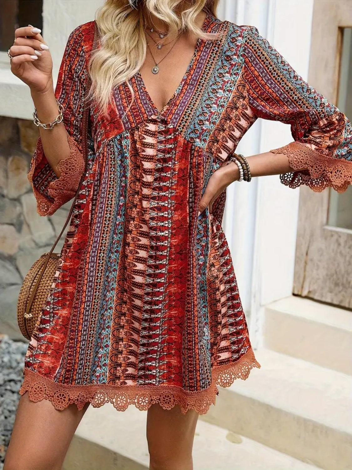 Boho Print Deep V-Neck Lace Trim Mini Dress 2