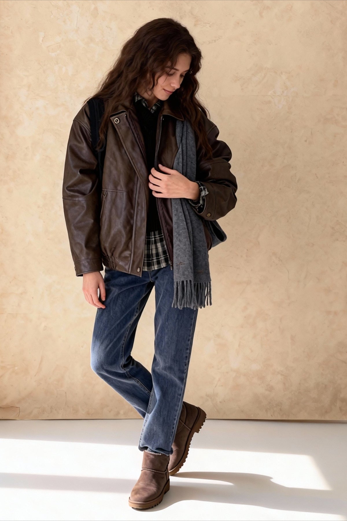 Faux Leather Zip Front Collared Oversized Moto Jacket 3