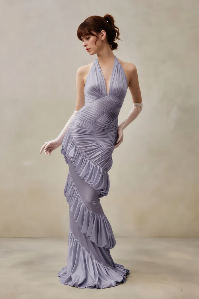 Elegant Solid V Neck Halter Backless Fitted Ruched Party Dress