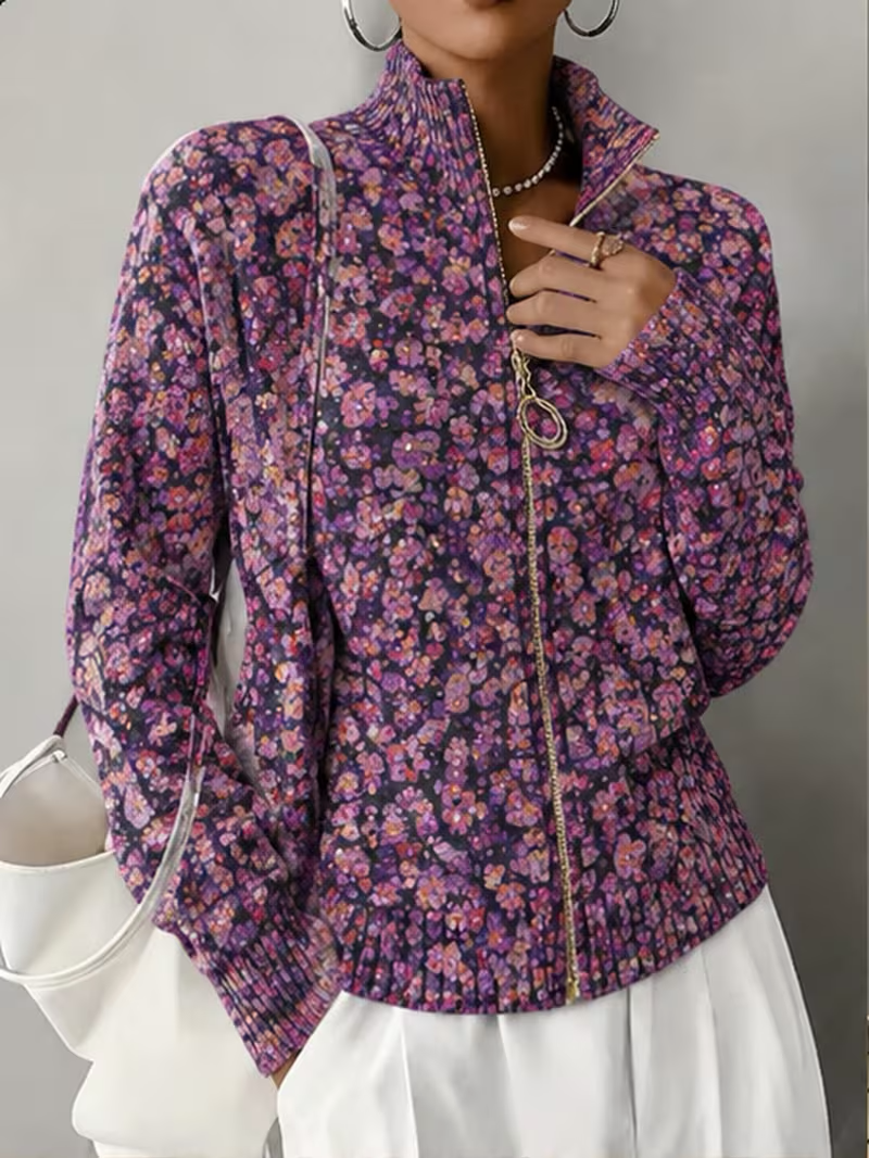 Ditsy Floral Print Zip Front Stand Collar Cardigan