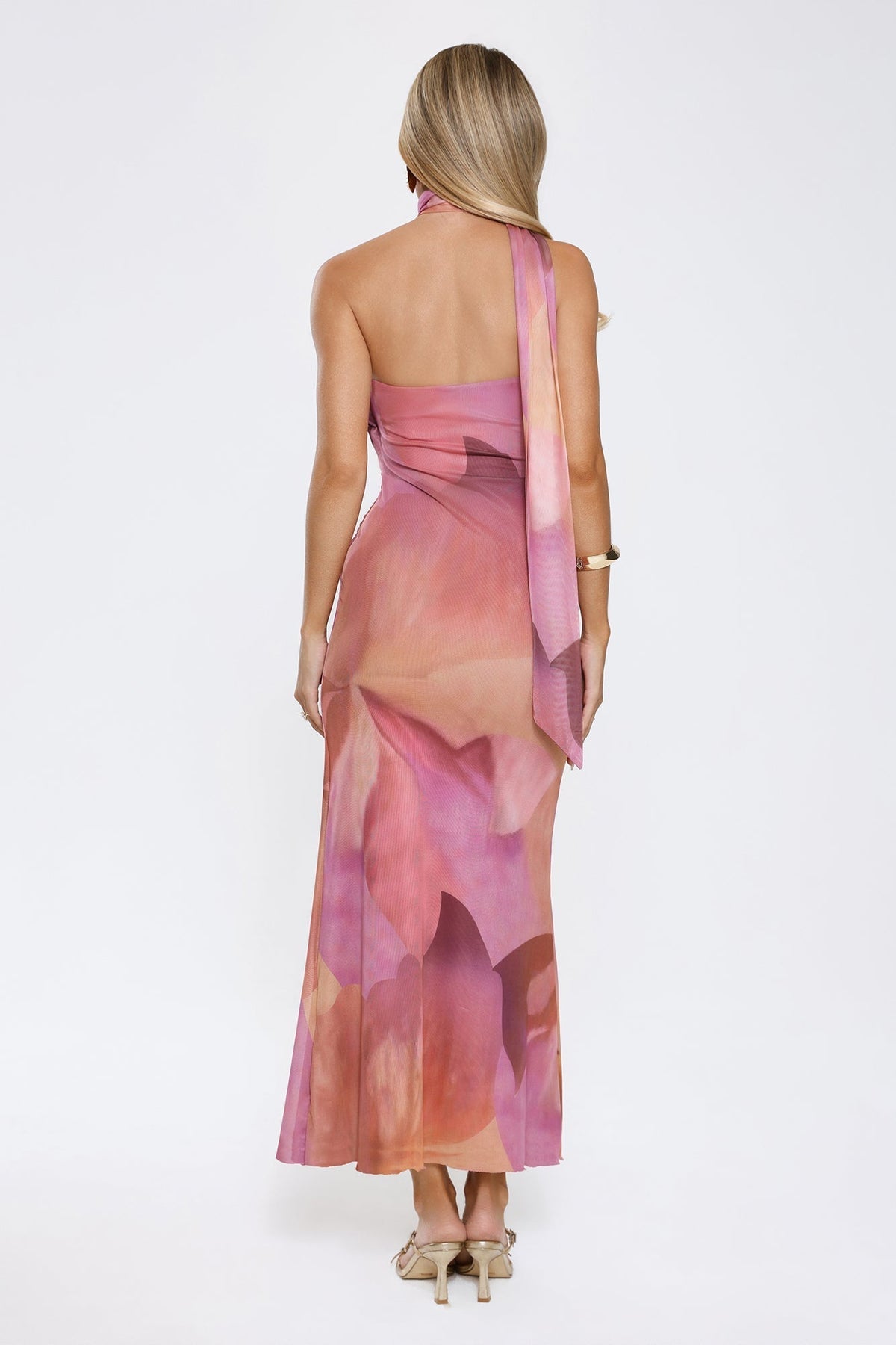 Abstract Print Strapless Scarf Neck Mesh Maxi Dress 6