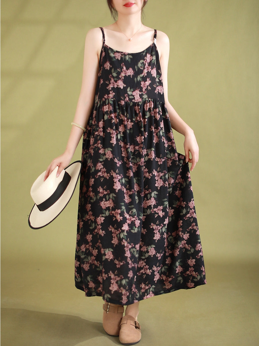 Women Summer Vintage Floral Pleated Loose Dress Sleeveless