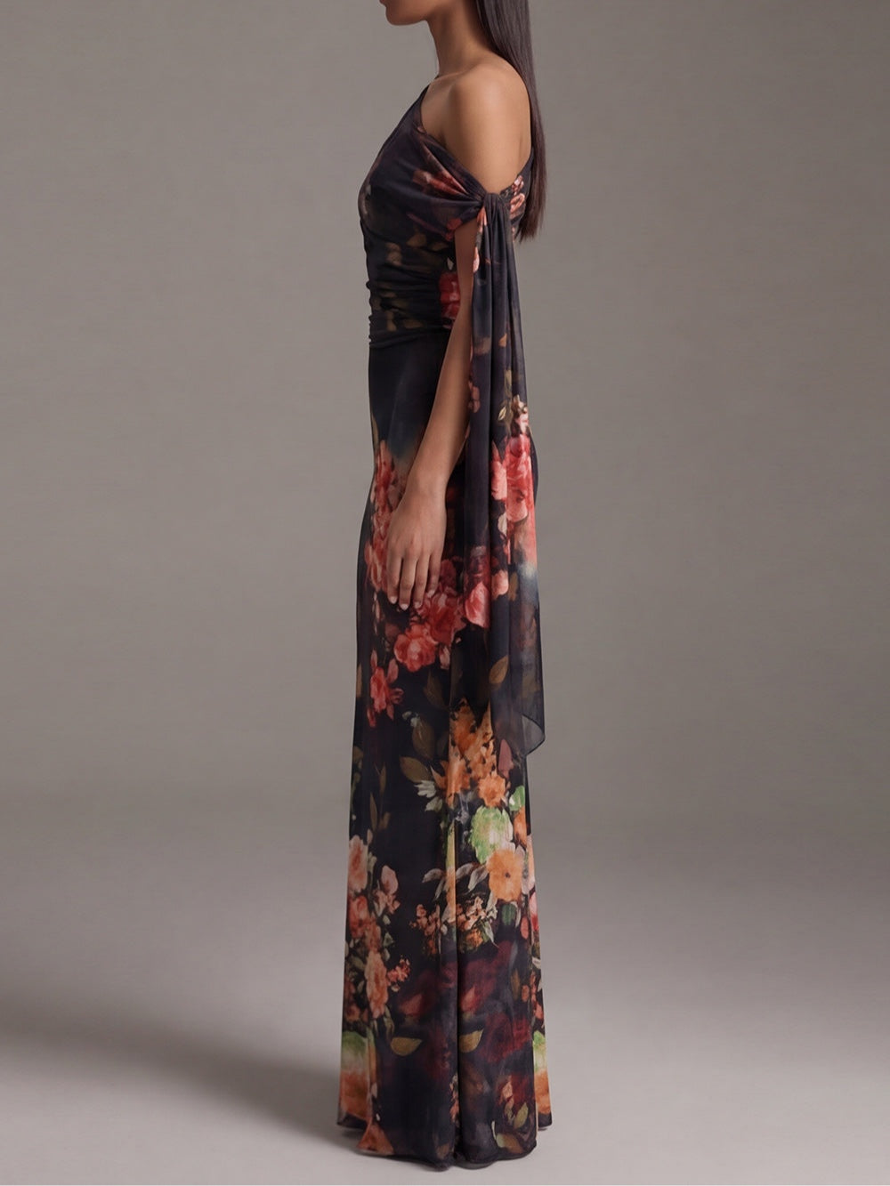 Floral Print One Shoulder Draped Sash Maxi Gown