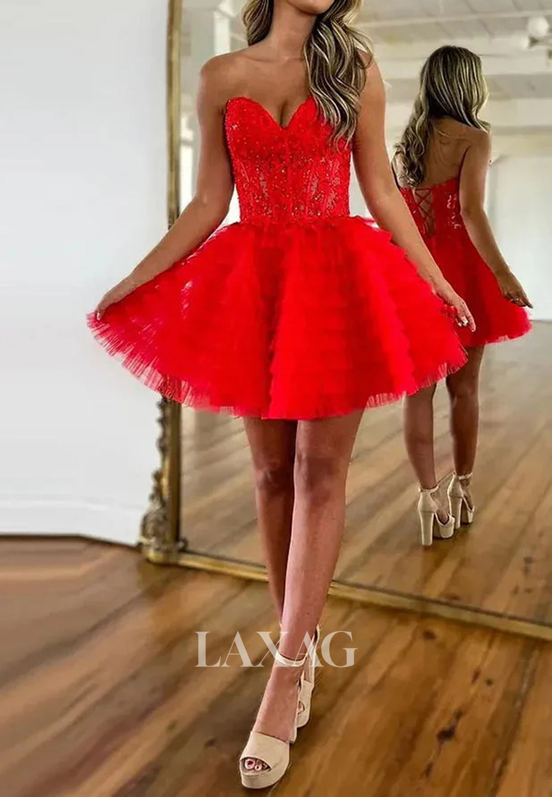 Sweetheart Off-Shoulder Applique Pleated Tulle Tiered Short Mermaid Homecoming Dress