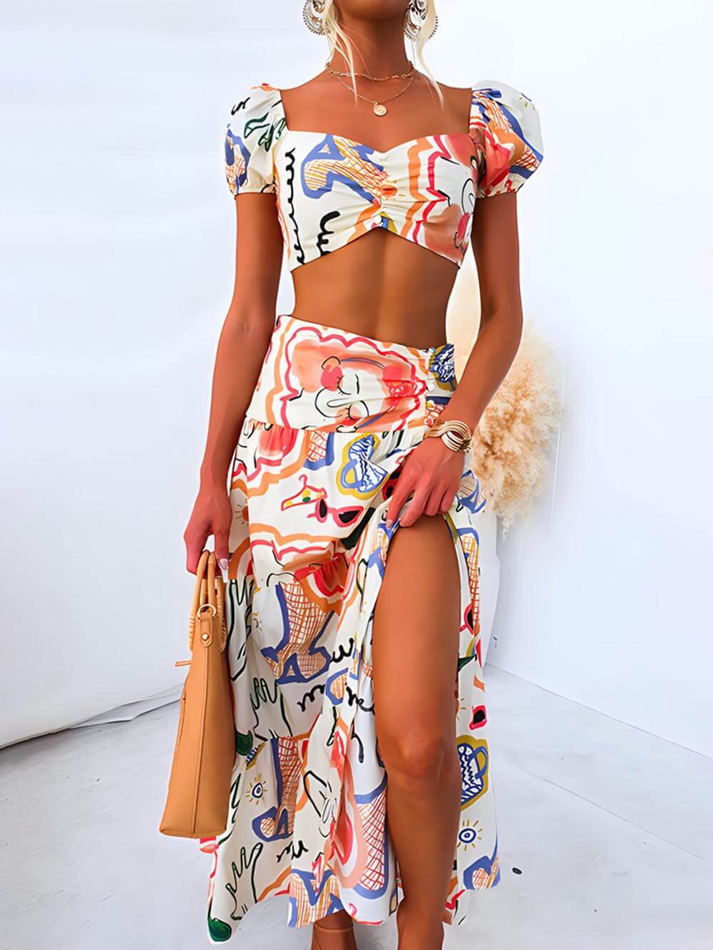 Abstract Print Puff Sleeve Crop Top and High Split Maxi Skirt Two Piece Set