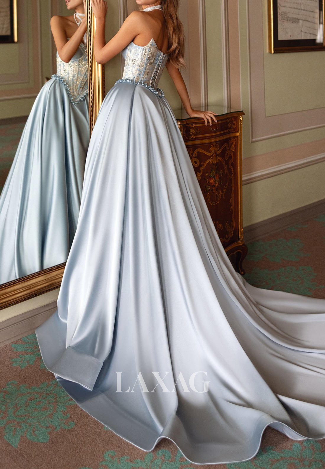 Cap-Sleeves Sweetheart A-Line Evening Dress Beaded Pleated Satin High Slit Formal Gowns