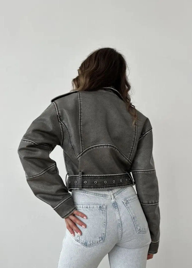 Washed Faux Leather Moto Jacket �Vintage Biker Edge