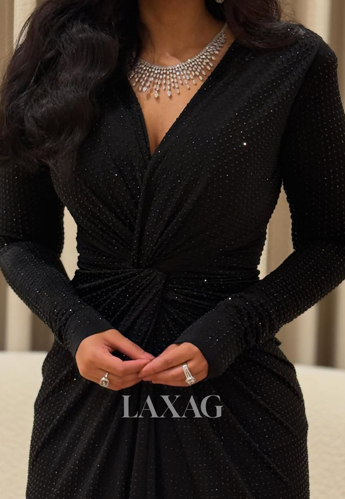 Deep V-Neck Long-Sleeves Mermaid Evening Dress Fully Beaded Pleated Satin Formal Gowns