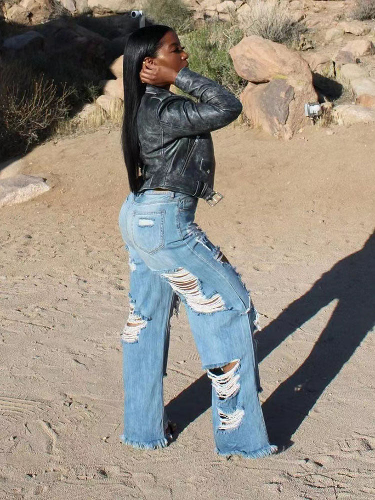 Ripped Distressed High Waist Raw Hem Wide Leg Jeans 5