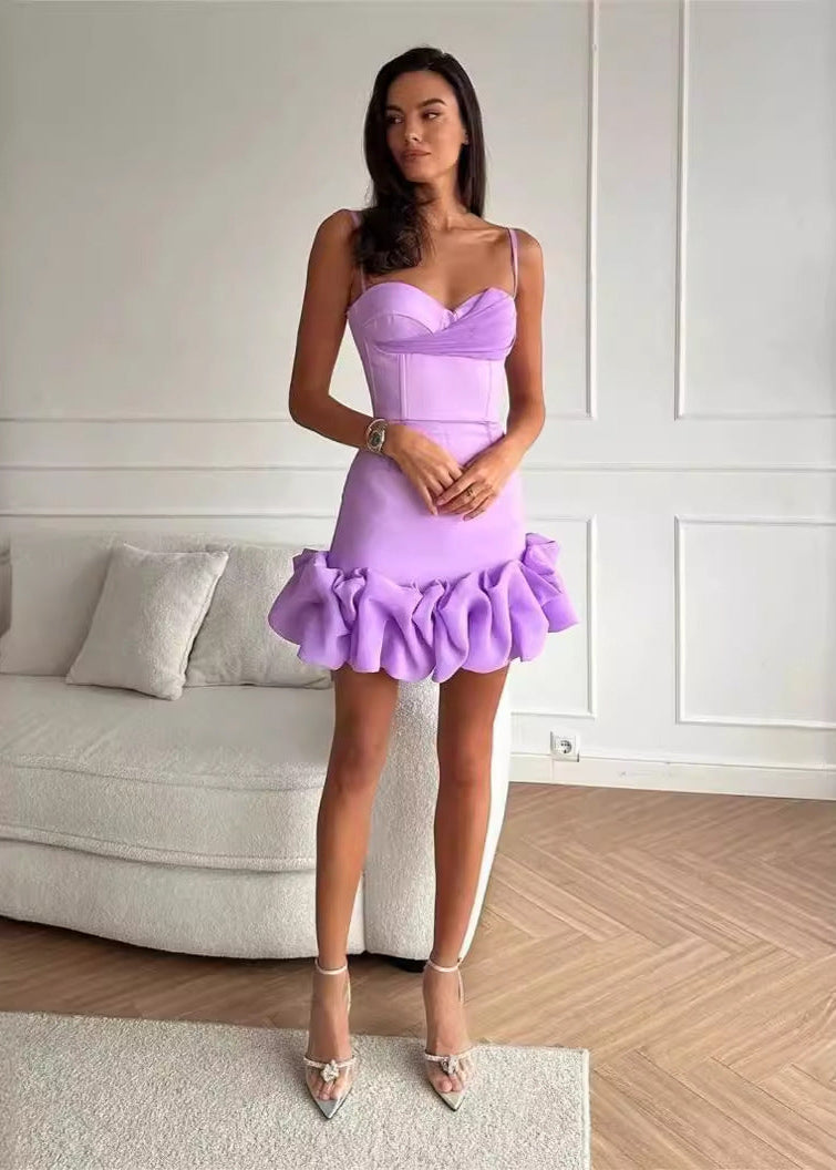 Spaghetti Strap Sweetheart Ruffle Hem Bodycon Mini Dress