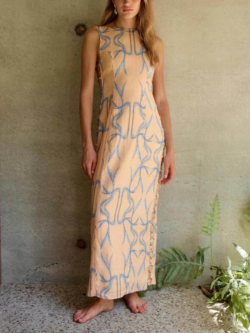 Abstract Geometric Print Sleeveless Boat Neck Ring Side Detail Midi Dress