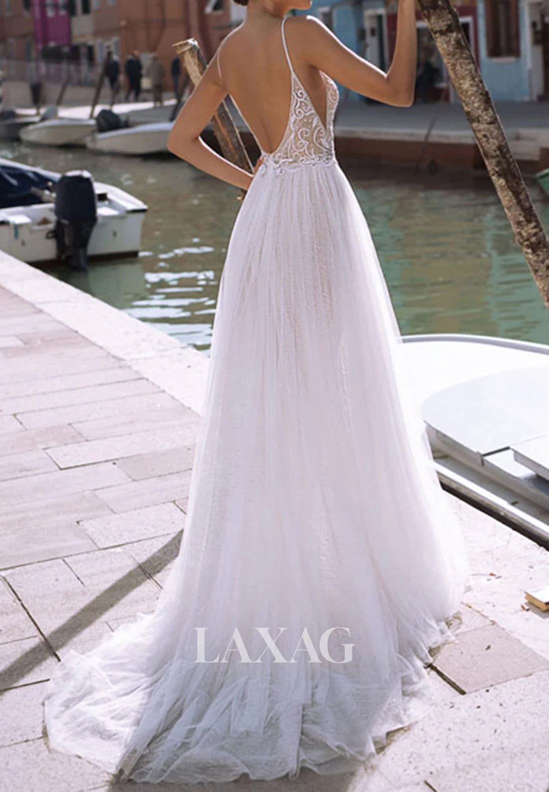 Deep-Neck Spaghetti Straps Sleeveless A-Line Wedding Dress Beaded Pleated High Slit Tulle Bride Gowns
