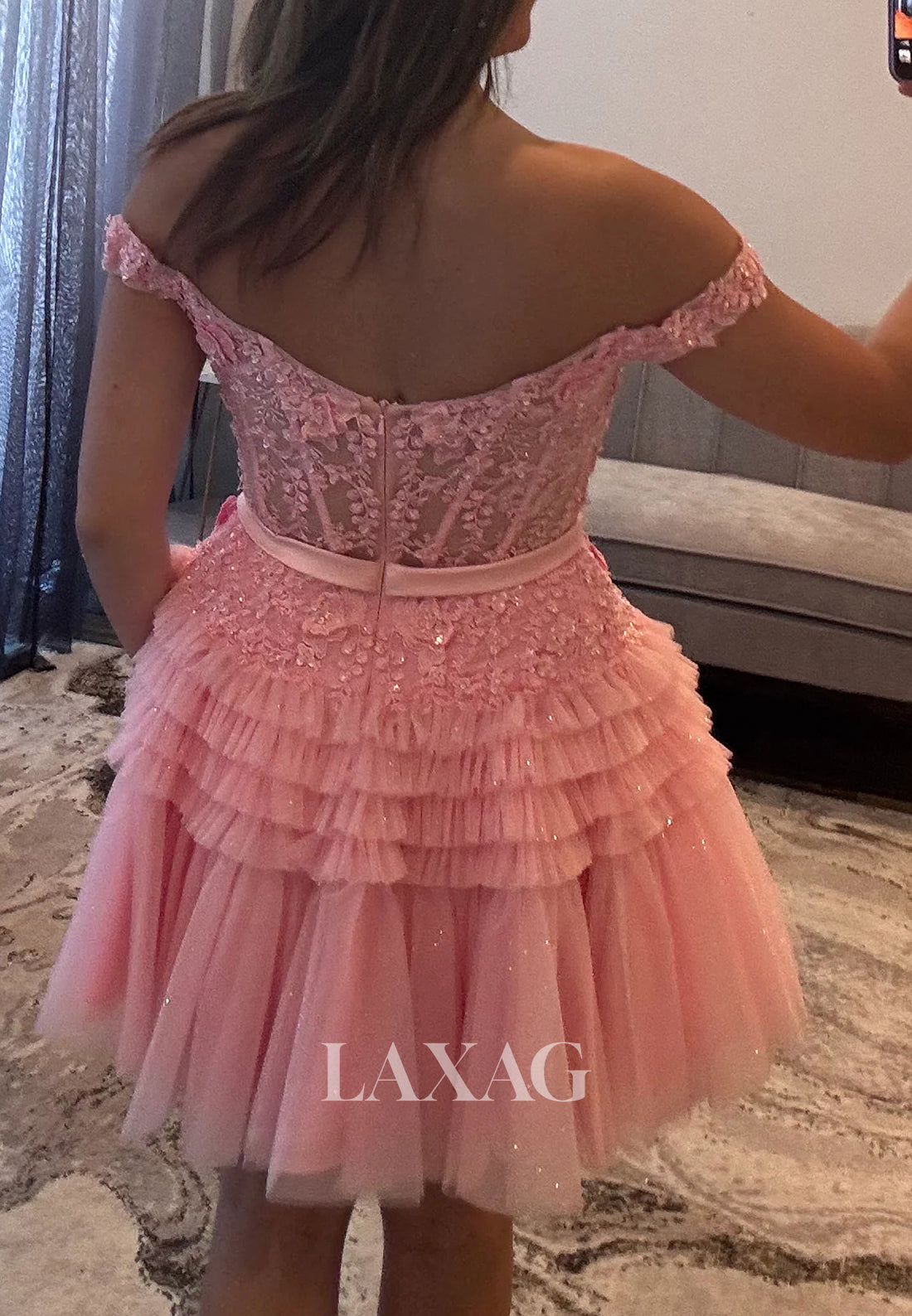 Deep V-Neck Off-Shoulder Lace Applique Pleated Tiered Tulle A-Line Party Homecoming Dress