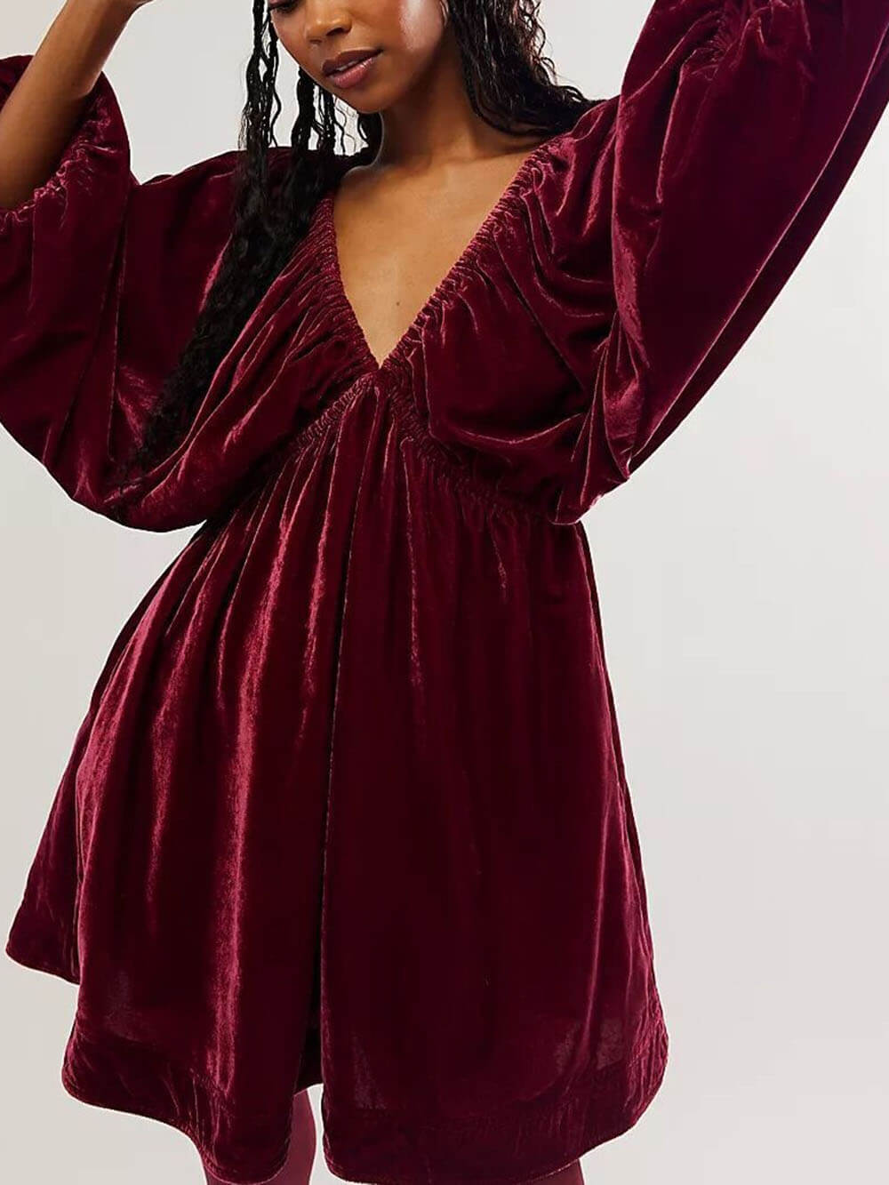 Velvet Deep V-Neck Batwing Sleeve Ruched Babydoll Mini Dress