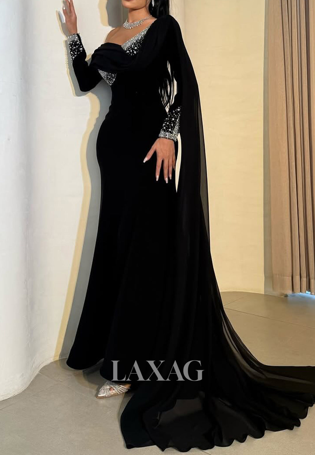 Asymmetrical-Neck Long-Sleeves Formal Gowns Beaded Pleated Satin Mermaid Evening Dress