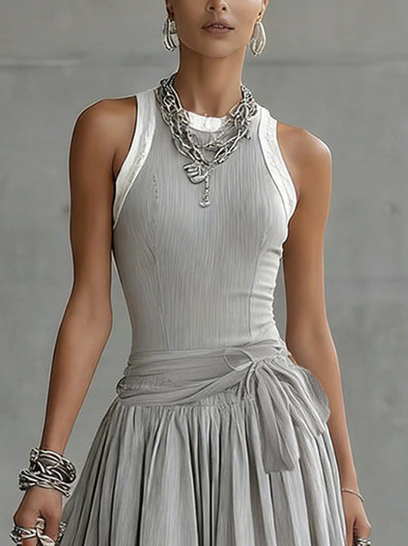Sleeveless Ribbed Top and Draped Midi Skirt Two Piece Set