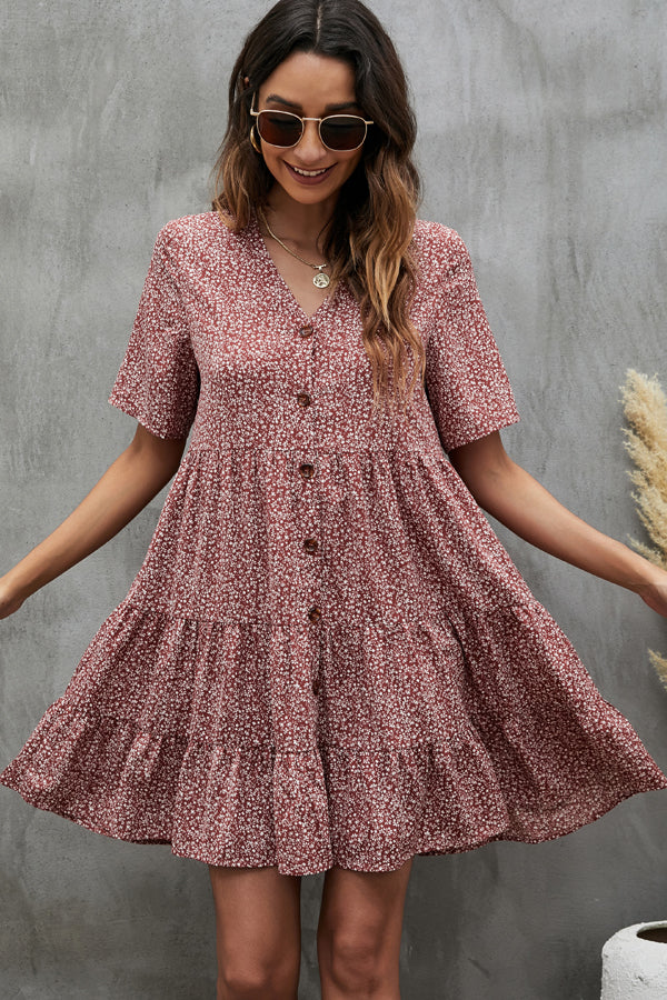 Fashion Button V Neck Mini Dress