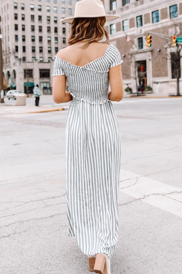 Stripe Print Fashion Smocked Chest Maxi Dress