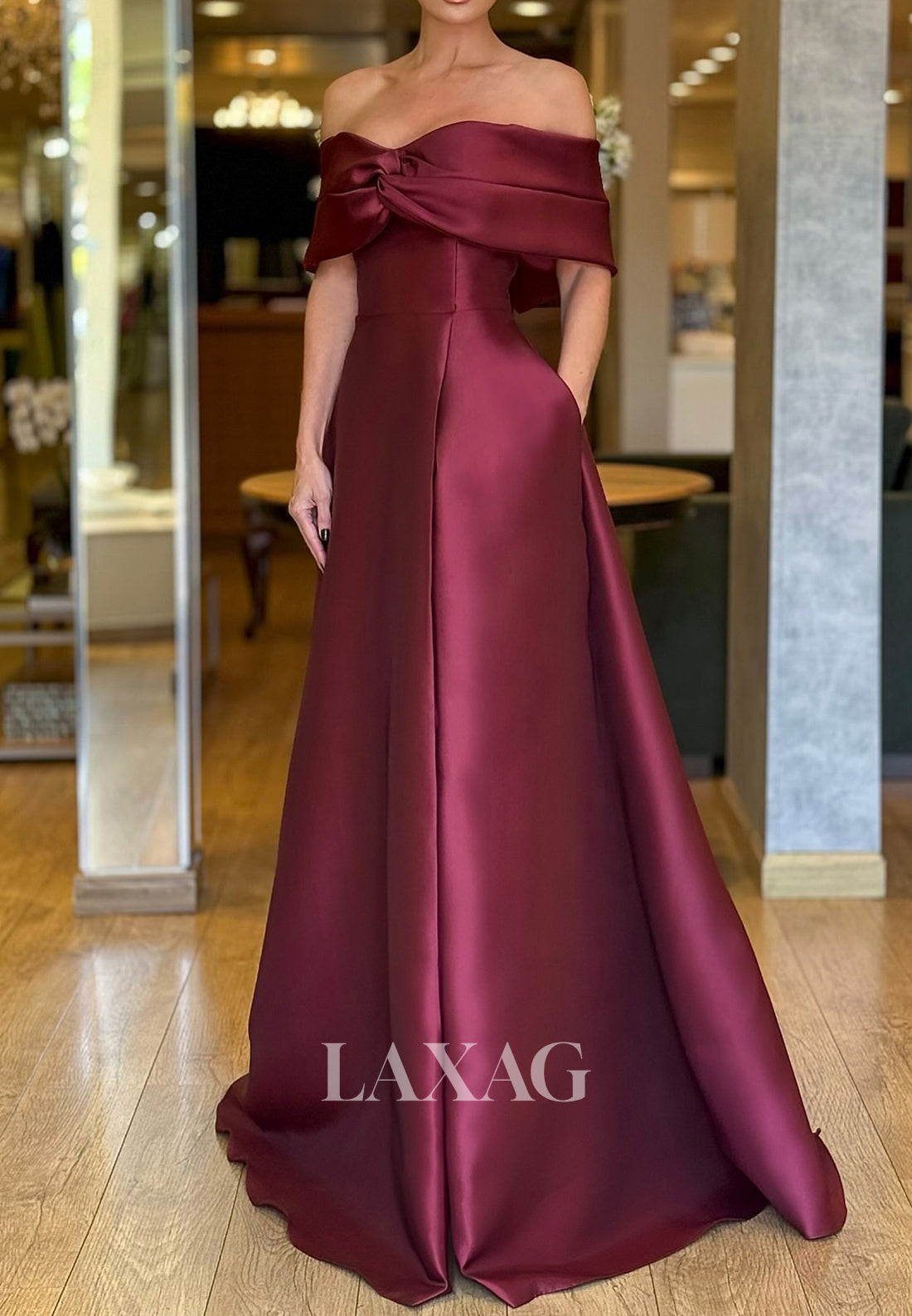 Sweetheart Off-Shoulder Sleeveless A-Line Evening Dress Pleated Satin Floor-Length Formal Gowns