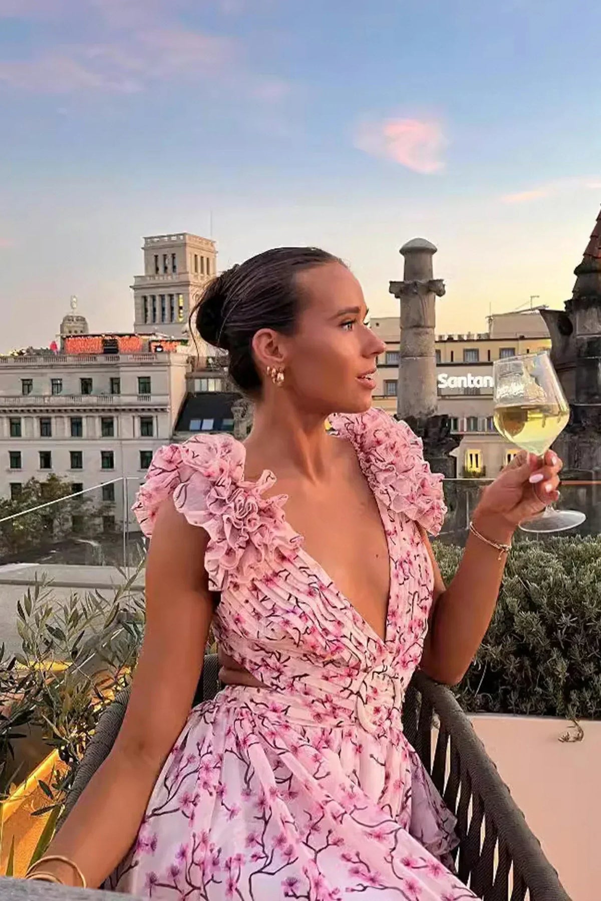 Floral Print Deep V-Neck Ruffle Shoulder Cut Out Midi Dress