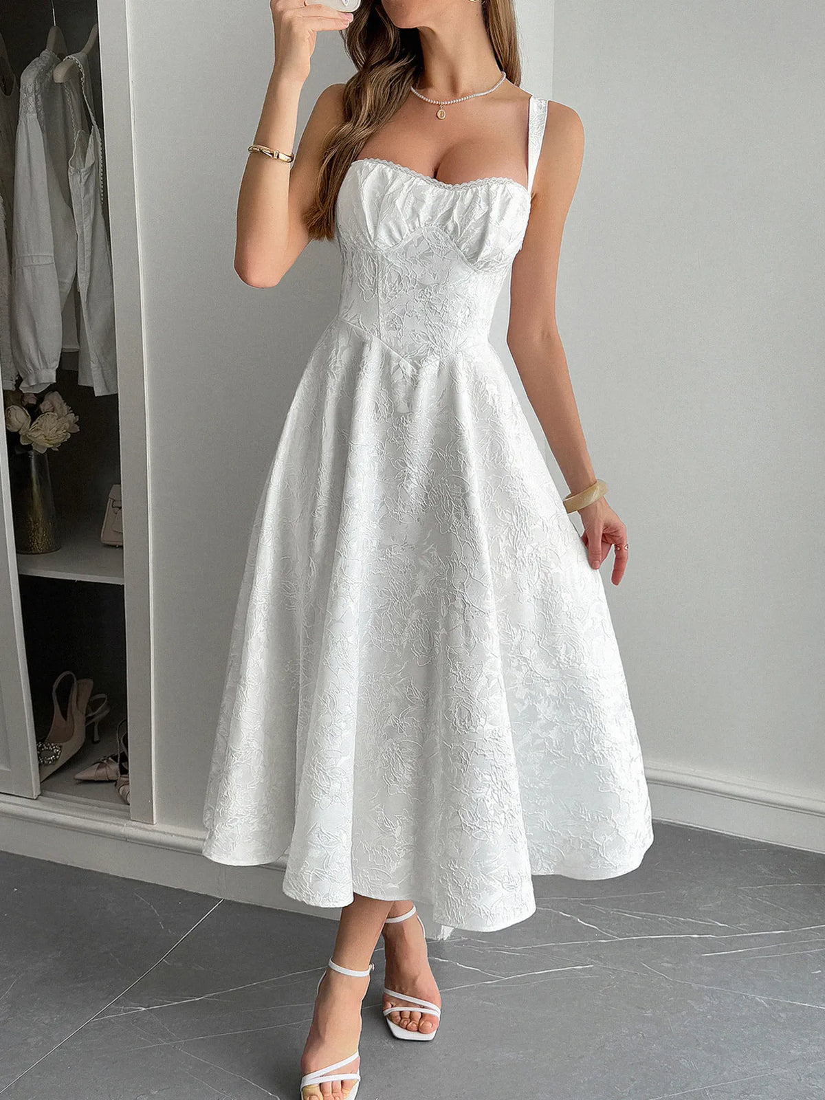 Floral Jacquard Sweetheart Corset Bodice A-Line Midi Dress