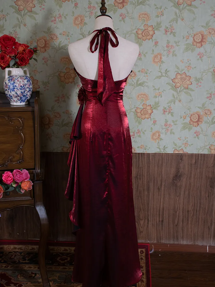 Vintage Burgundy Floral Long Prom Dress Halter Party Evening Gown cc1492