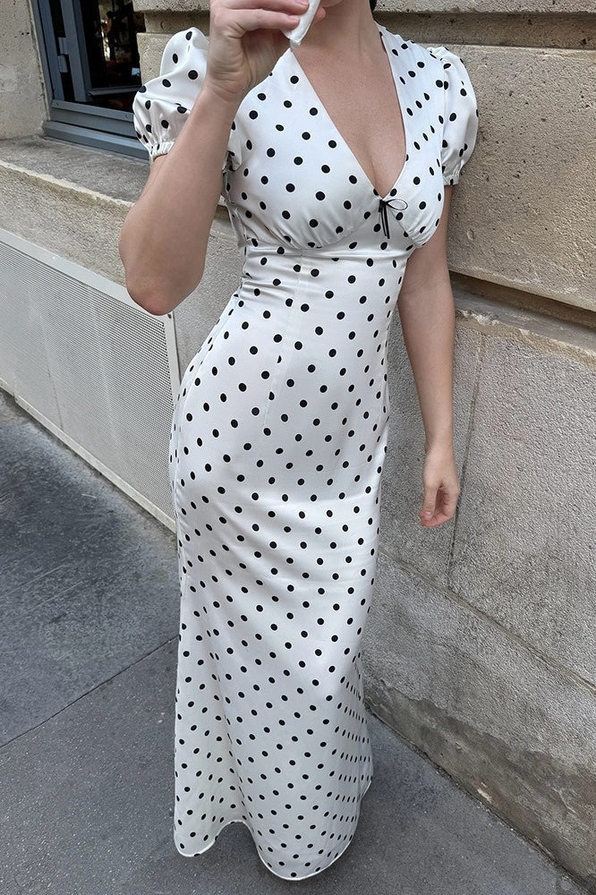 Polka Edition Dot VNeck Puff Sleeve Waist Tie Bodycon Maxi Dress