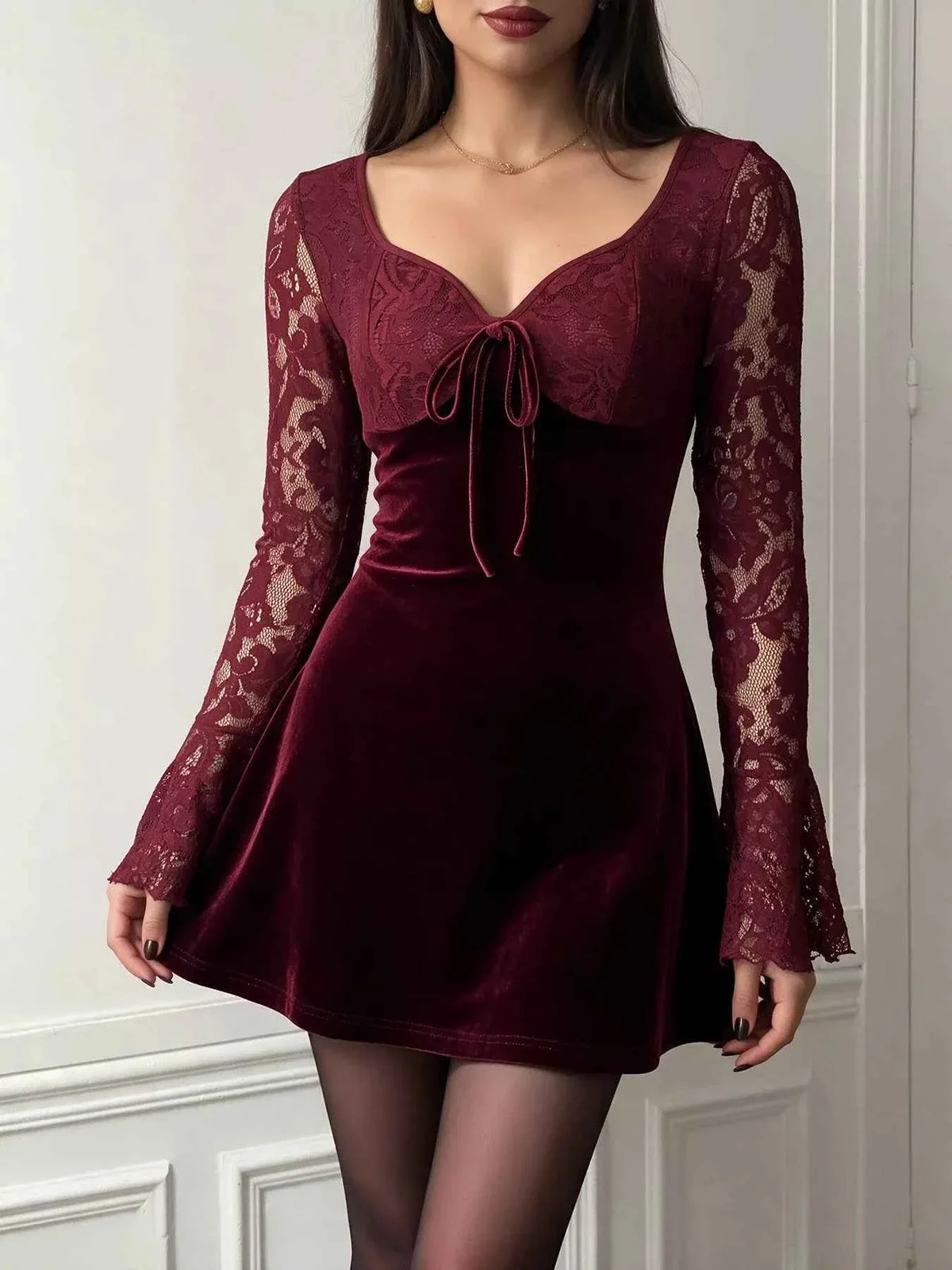 Velvet Lace Flare Sleeve Tie Front A-Line Mini Dress 2