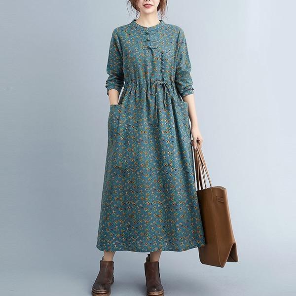 Women Cotton Linen Casual Long Dress Vintage Floral Print Loose Ladies Elegant A-line Dresses