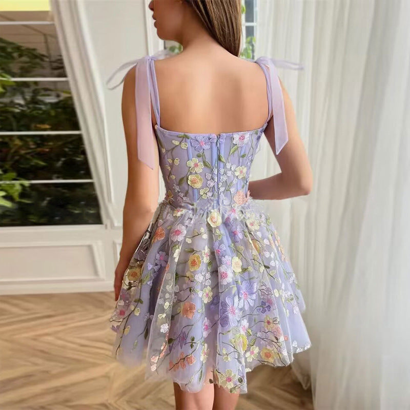 Floral Applique Tie Strap Corset Tulle A-Line Mini Dress