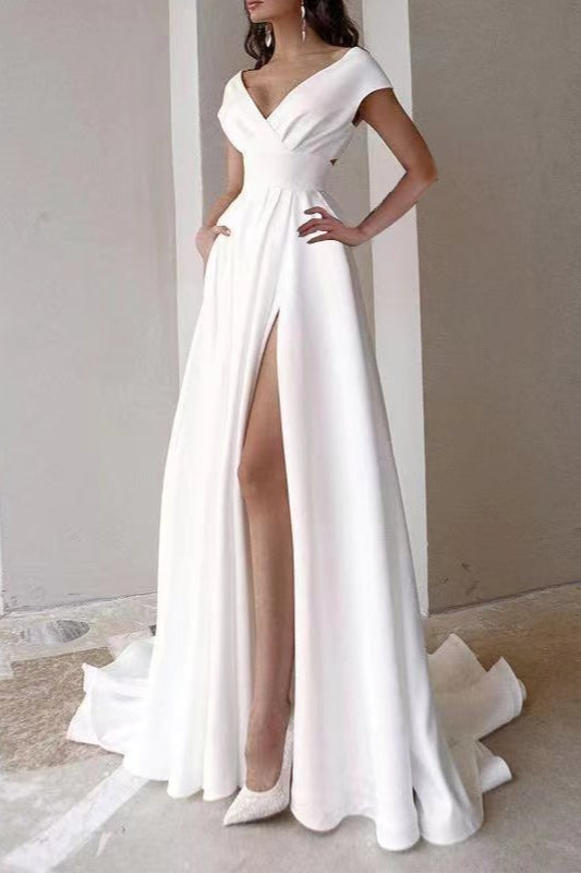 Satin Cap Sleeve A-Line Wedding Gown
