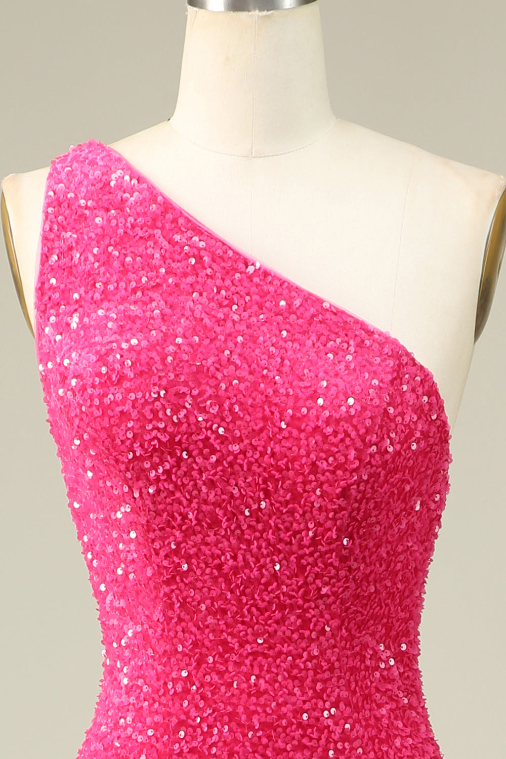 Mermaid One Shoulder Fuchsia Sequins Long Prom Dress with Split Front