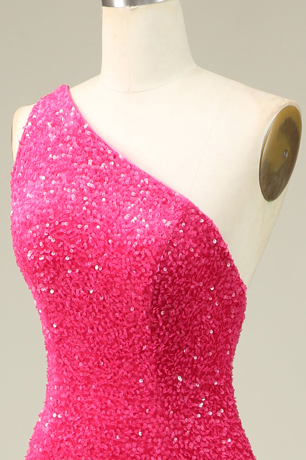 Mermaid One Shoulder Fuchsia Sequins Long Prom Dress with Split Front