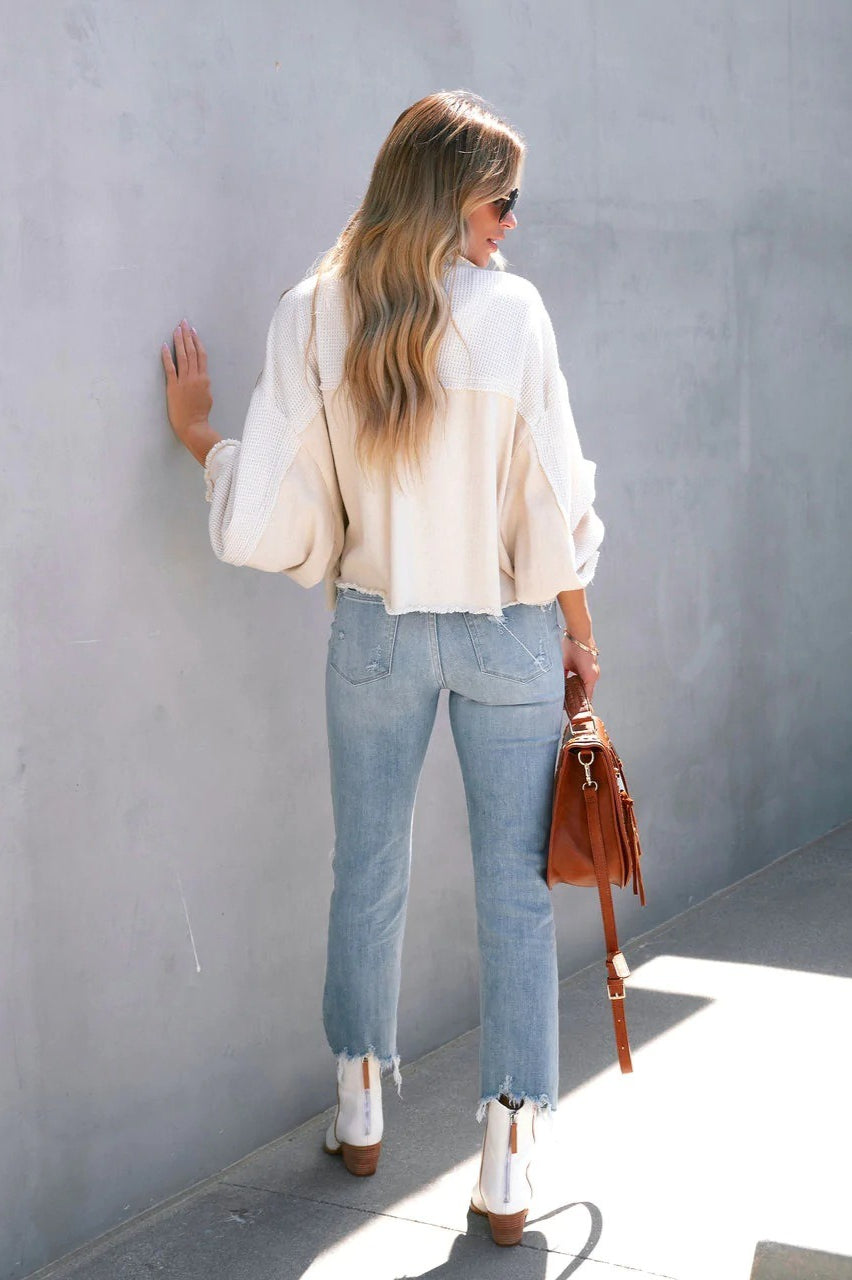 Waffle Knit Balloon Sleeve Frayed Trim Button Front Cropped Jacket 7