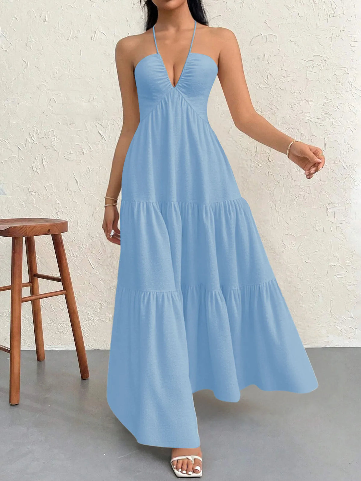 Halter Neck Deep V-Neck Sleeveless Tiered Maxi Dress 16