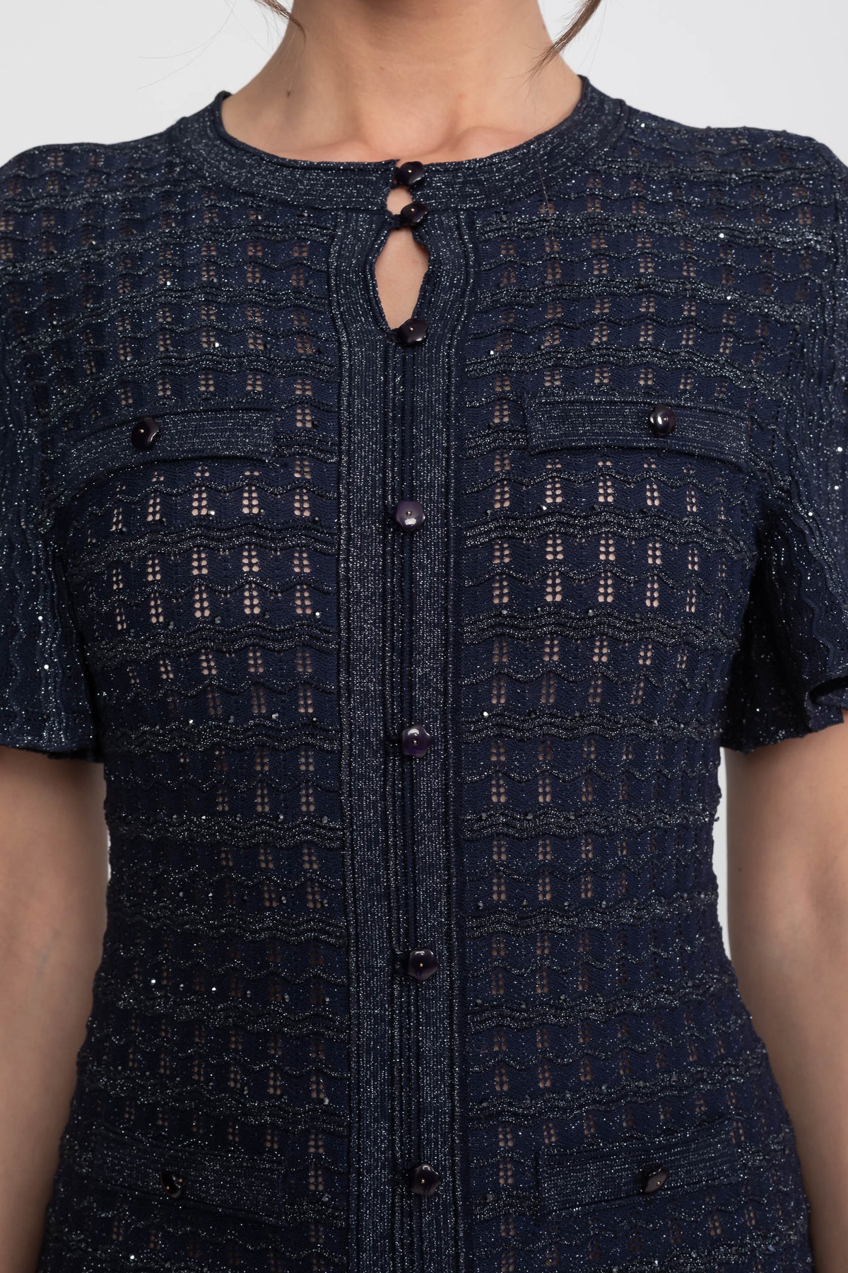 Shimmer Knit Short Sleeve Button Front Keyhole Neck Midi Dress 6