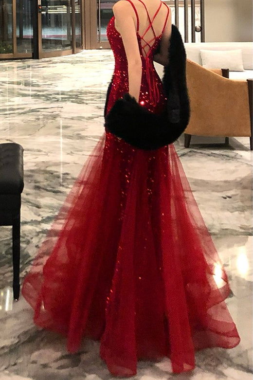 Sequin Sweetheart Spaghetti Strap Tulle Mermaid Maxi Gown