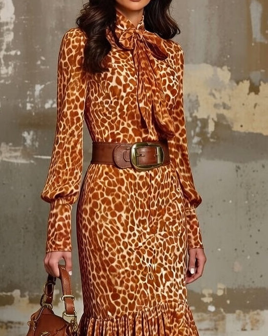 Leopard Print Long Sleeve Ruffle Mermaid Maxi Dress 3