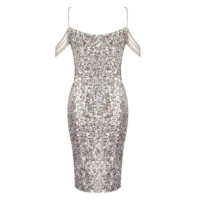 Sequin Cold Shoulder Chain Strap Plunge Bodycon Mini Dress 9