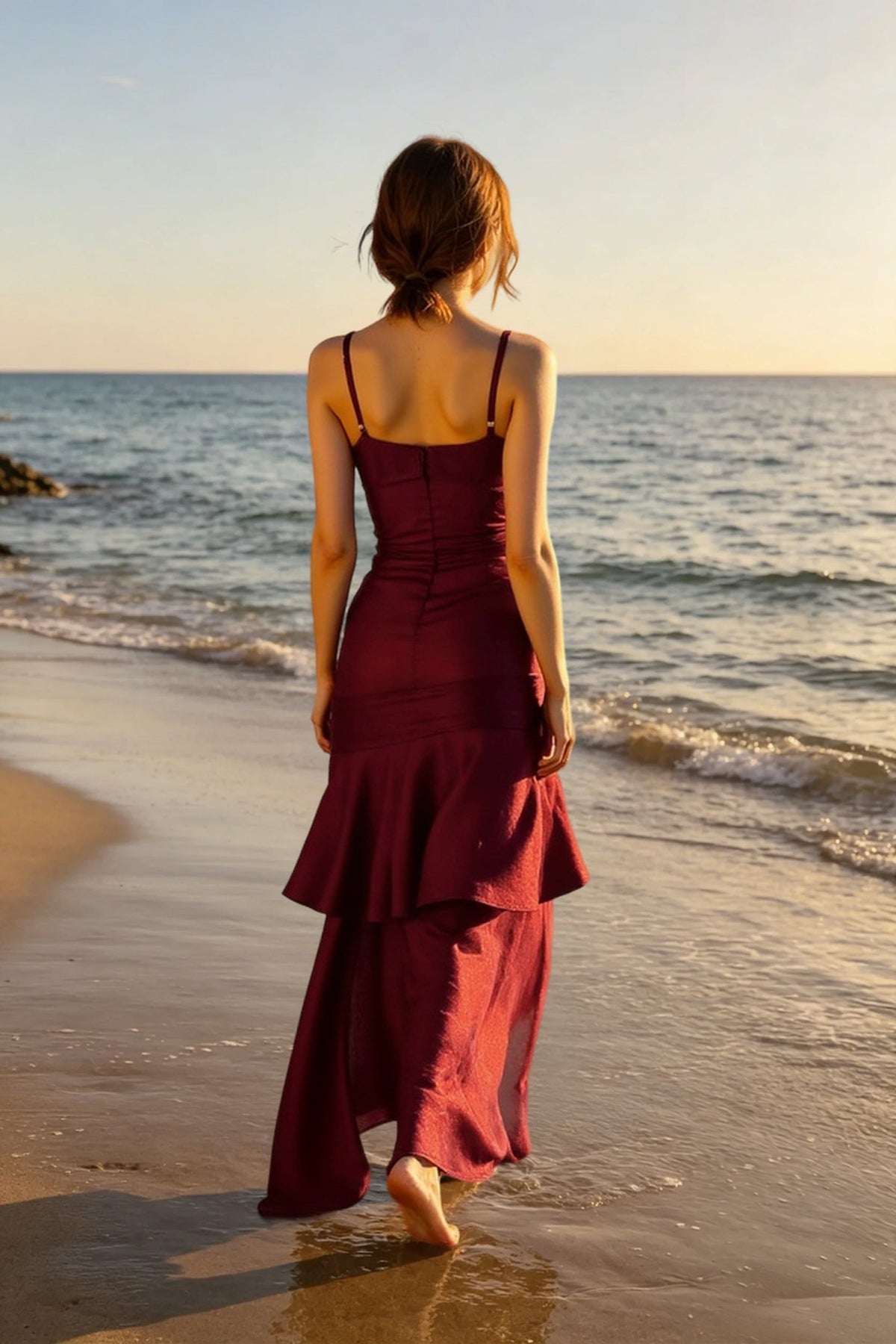 Satin Spaghetti Strap Ruched Tiered Ruffle Mermaid Maxi Dress 7