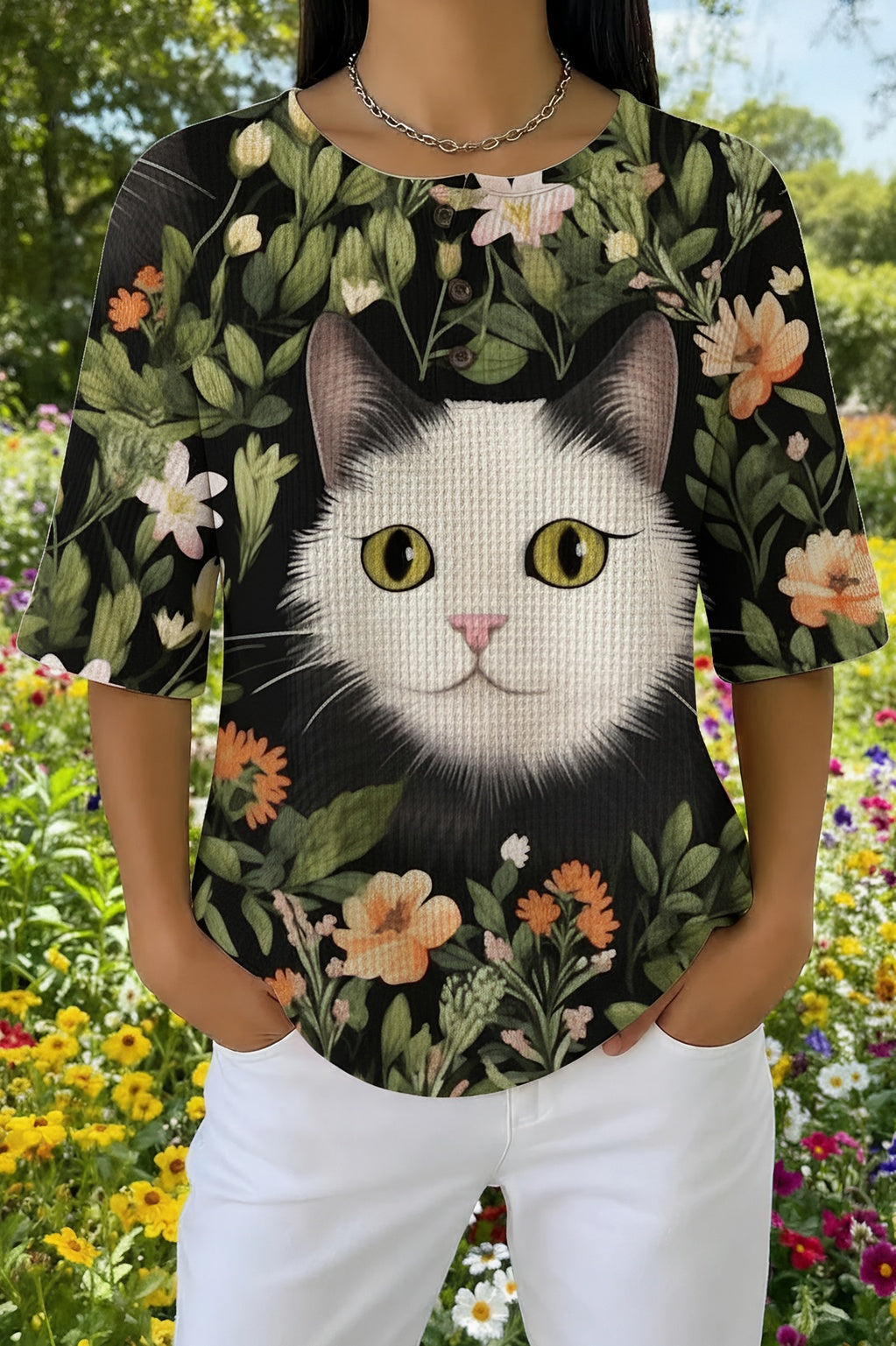 Womens Black Floral White Cat Face Print Casual Shirt