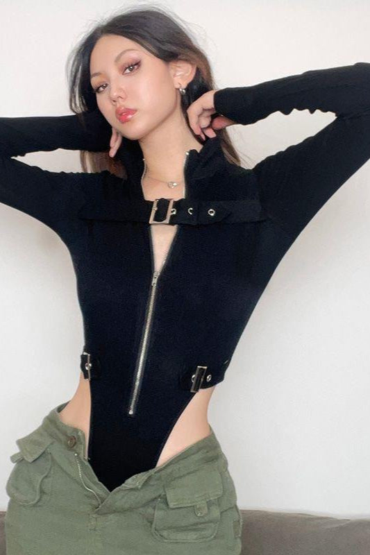 Techwear Metal Buckle Zipper High Waist Split Bodysuit