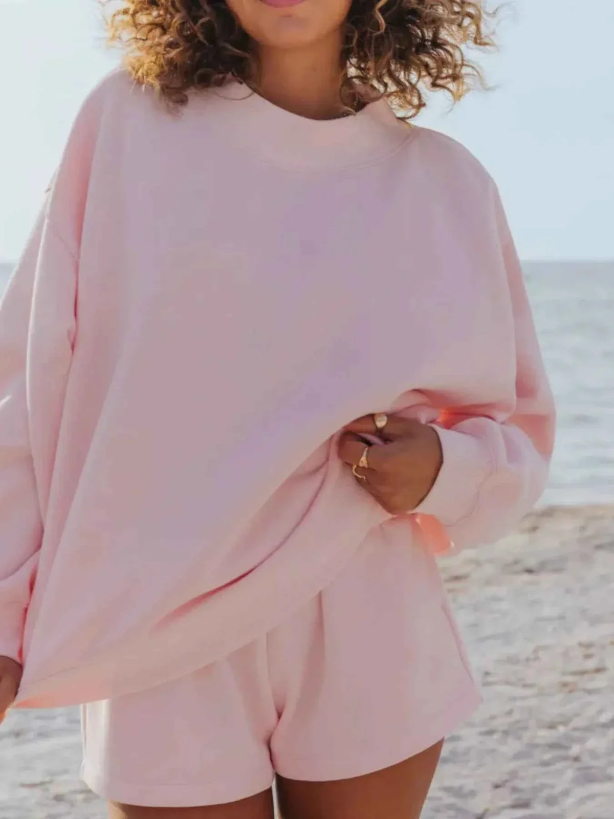 Oversized Crew Neck Sweatshirt and Elastic Waist Shorts Two Piece Set 2