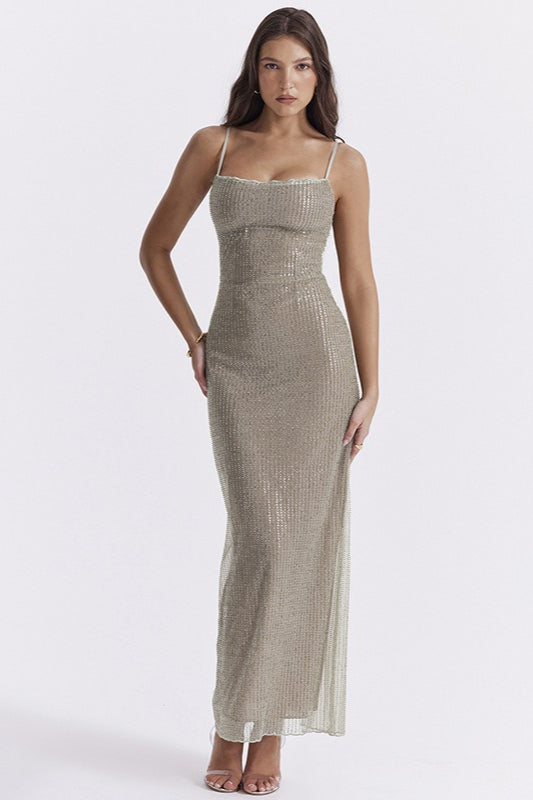 Sequin Square Neck Spaghetti Strap Mermaid Maxi Dress