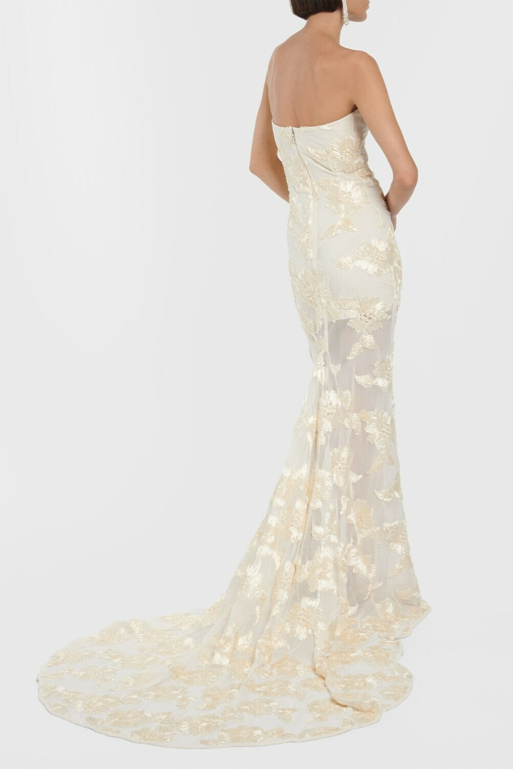 Strapless Floral Embroidered Mesh Mermaid Gown