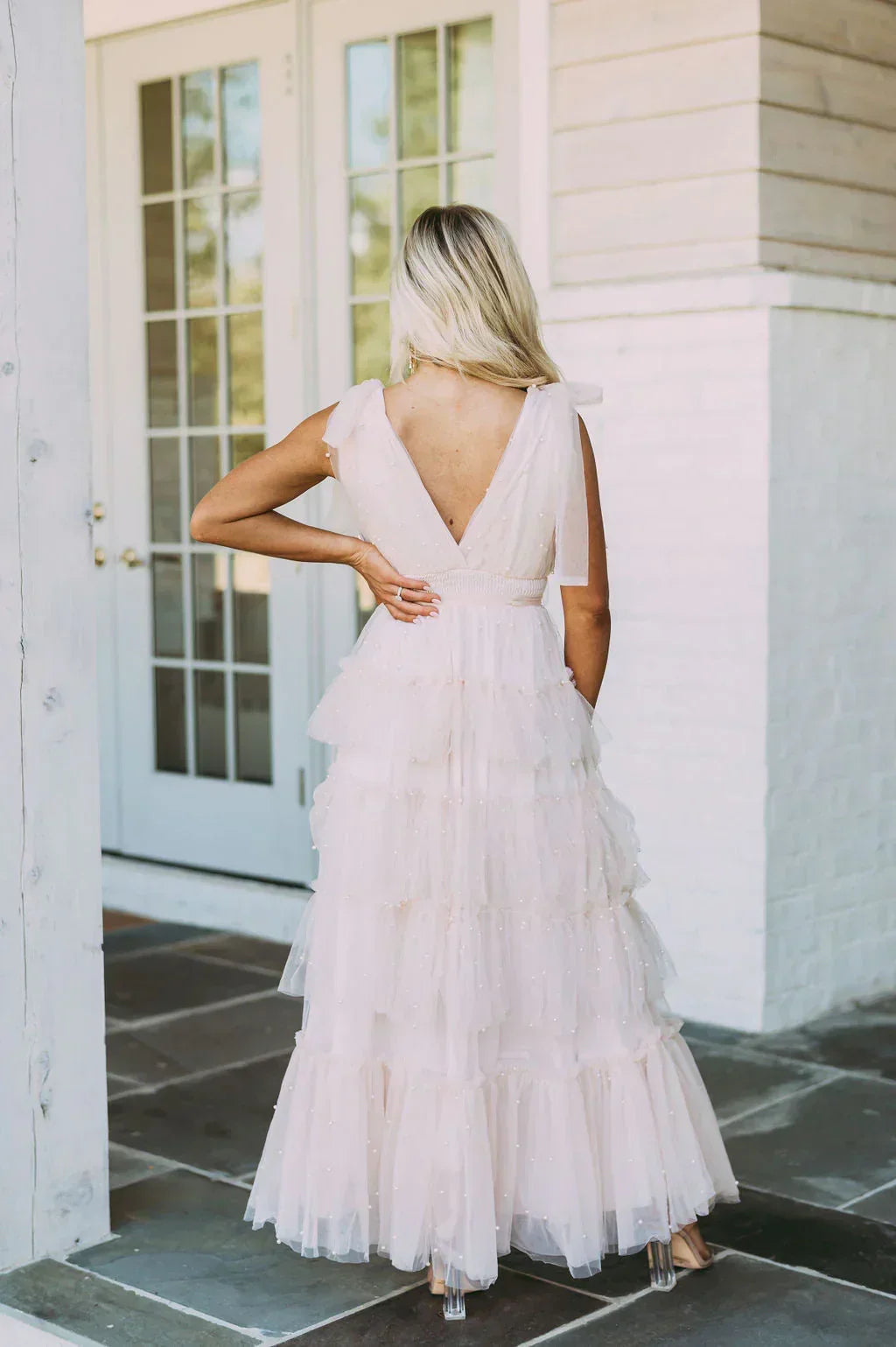 Pearl Embellished Tulle V-Neck Flutter Sleeve Ruffle Tiered Maxi Dress 10