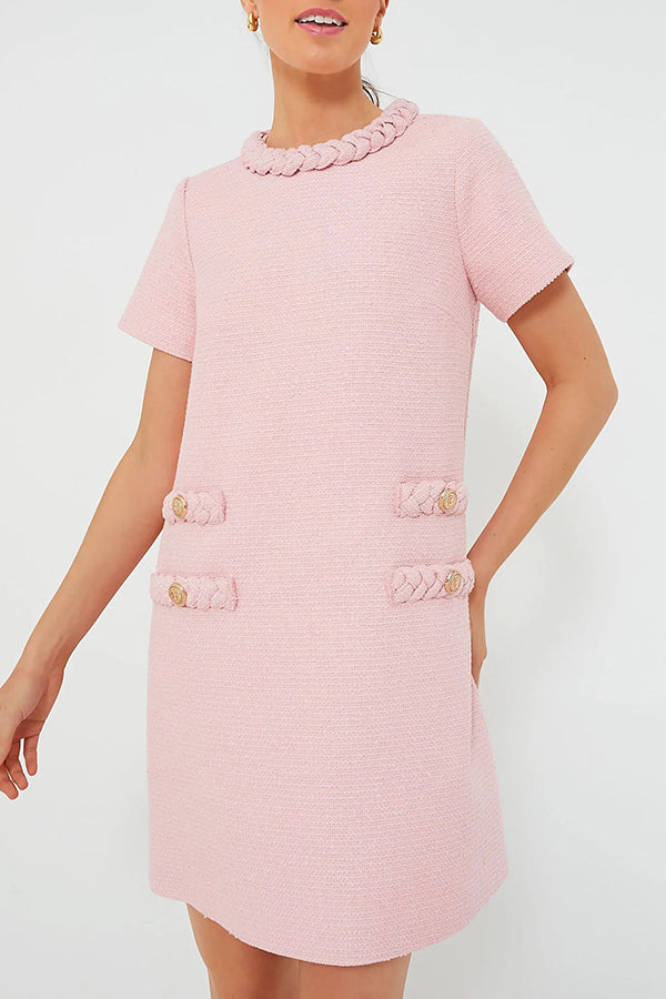 Tweed Braided Trim Faux Pocket Metallic Button Short Sleeve Shift Mini Dress