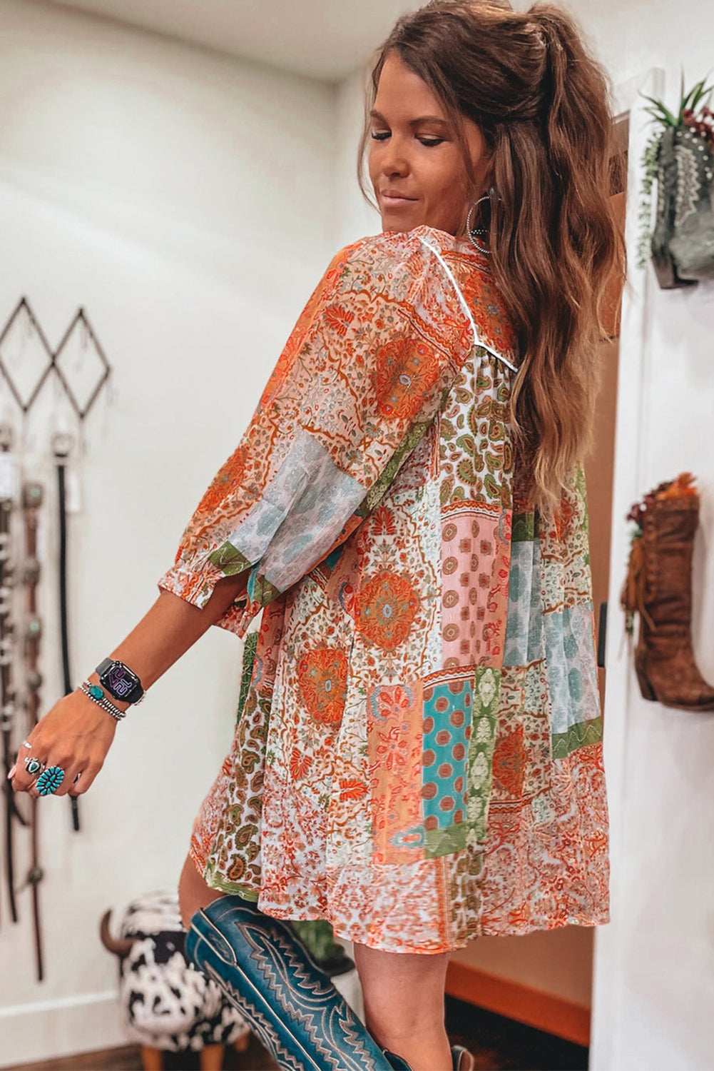 Orange Boho Paisley Mixed Print 3 4 Sleeve Chiffon Loose Dress
