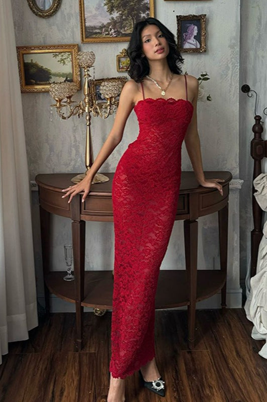 Red Strapless Cami Maxi Lace Dress - View 3
