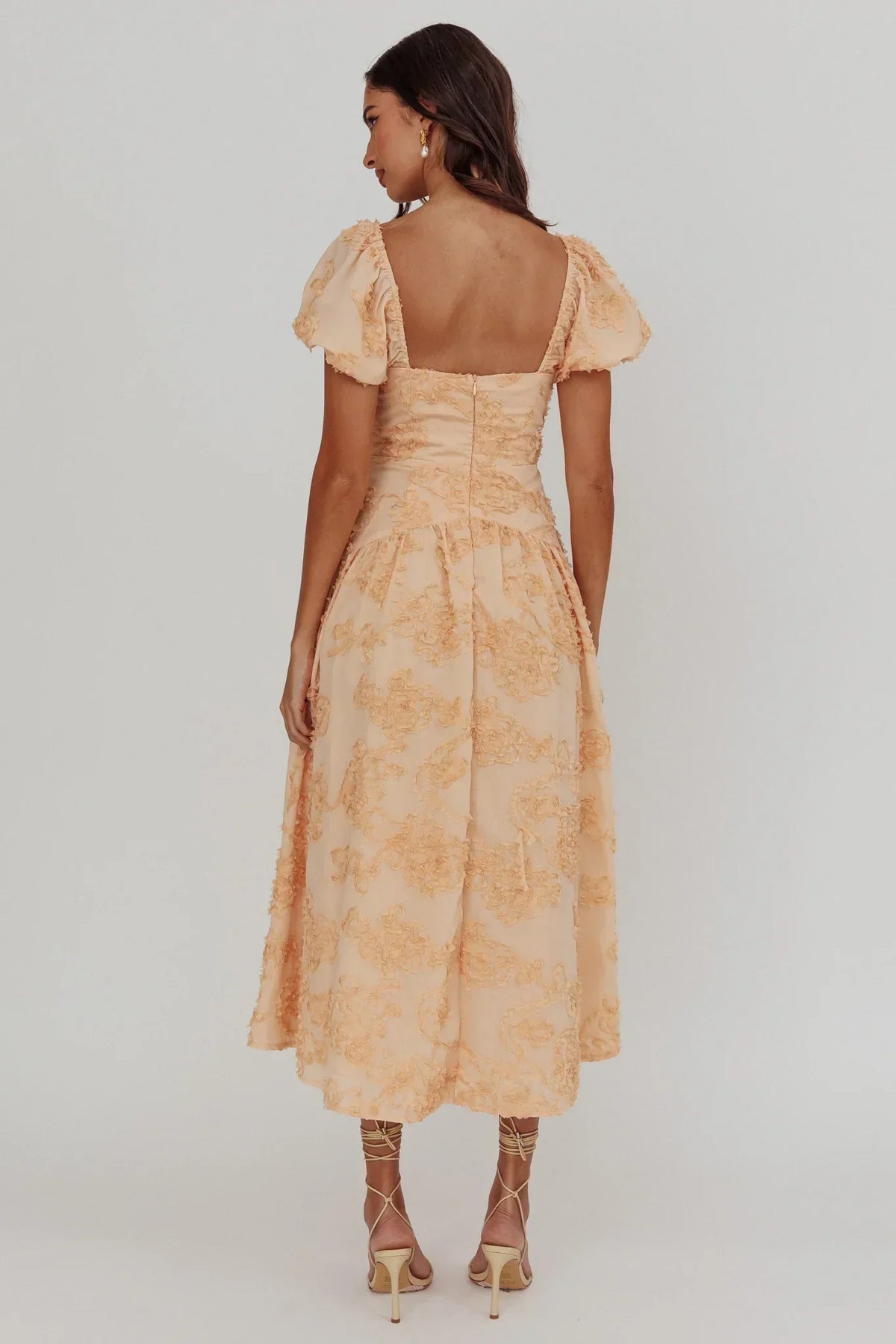 Textured Floral Square Neck Puff Sleeve Ruched Bodice Midi Dress 2